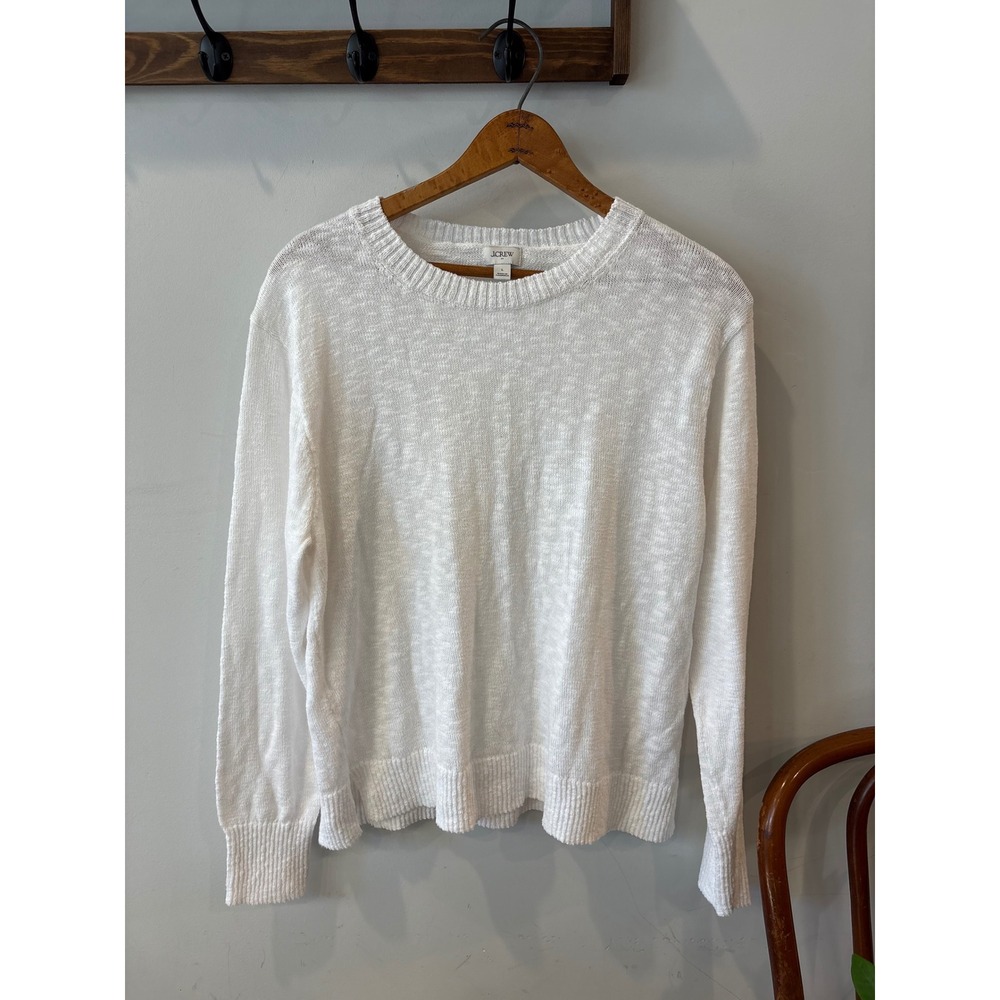 J.Crew White Slub Knit Cotton Blend Long Sleeve Crewneck Sweater